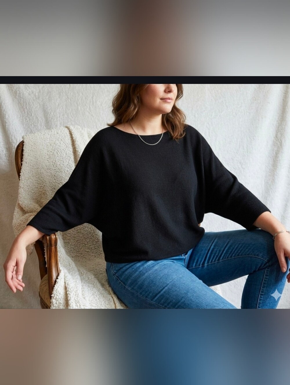 Uniqlo Black Wide-Sleeve Ribbed Knit Top 50acrilic/50rayon